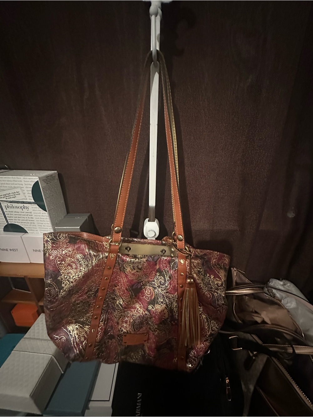 Patricia Nash Paisley Tote with Tassel in Burgundy and Tan - Picture 4 of 6